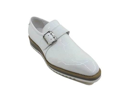 Carrucci White Men's Patent Leather Casual Shoe Monkstrap Gold Buckle