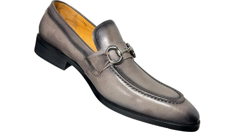 Carrucci Gray Leather Men's Slip On Dress Shoes Silver Buckle - Design Menswear