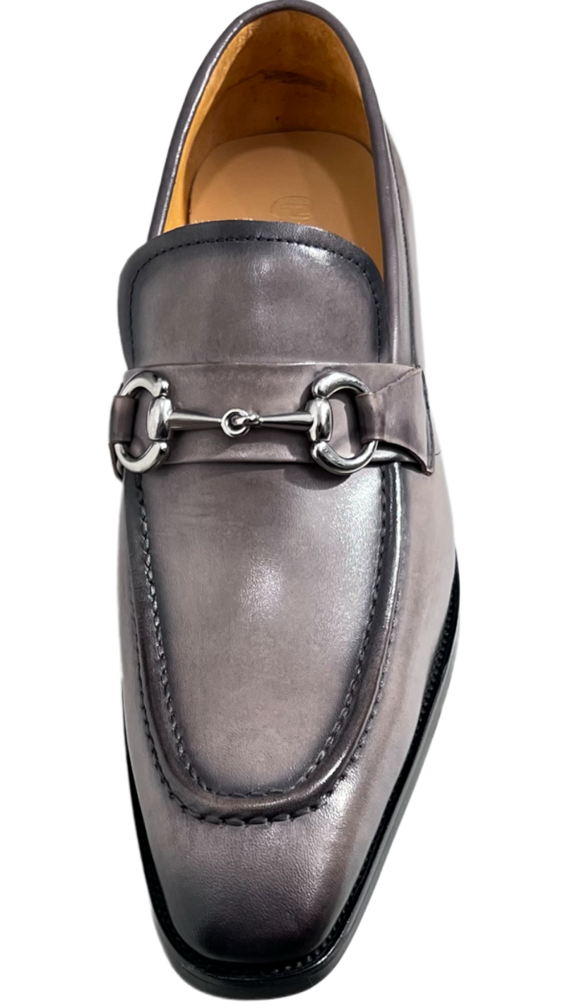 Carrucci Gray Leather Men's Slip On Dress Shoes Silver Buckle - Design Menswear