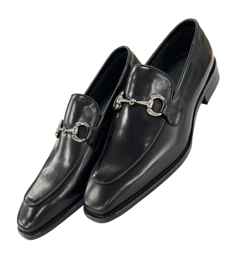 Carrucci Black Leather Men's Slip On Dress Shoes Silver Buckle - Design Menswear