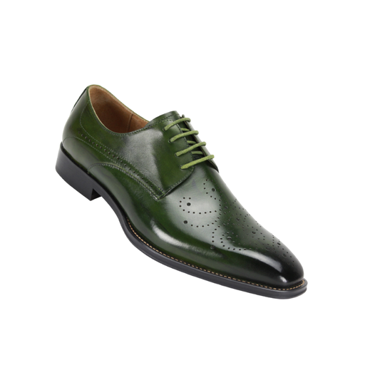 Giovanni Olive Green Lace Up Men's Leather Dress Shoe Perforated Pattern Dark Toe