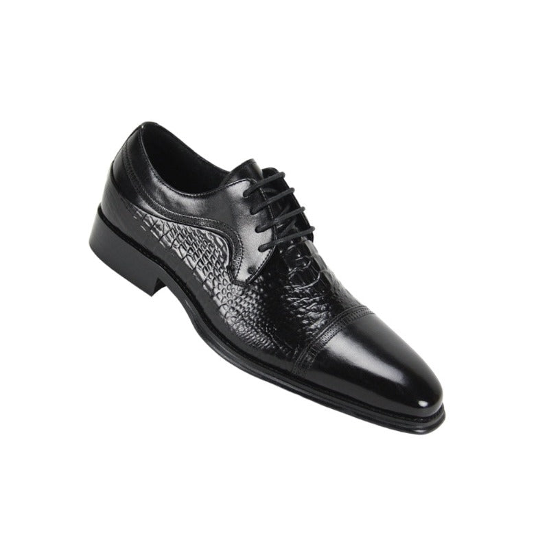 Giovanni  Black Lace Up Men's Leather Dress Shoe - Alligator Accent Panel