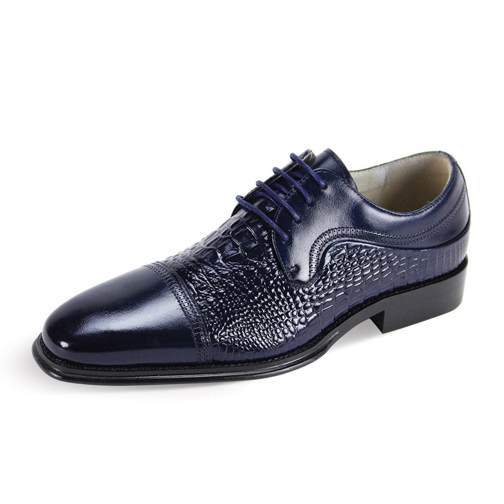 Giovanni Navy Blue Lace Up Men's Leather Dress Shoe - Alligator Accent Panel