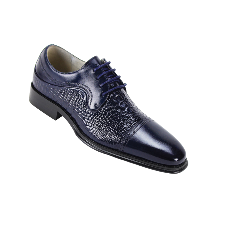 Giovanni Navy Blue Lace Up Men's Leather Dress Shoe - Alligator Accent Panel