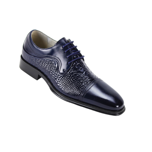 Giovanni Navy Blue Lace Up Men's Leather Dress Shoe - Alligator Accent Panel