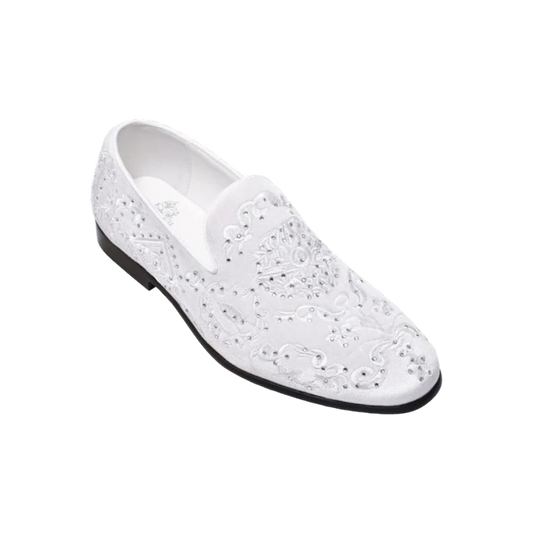 Men's white and silver shoes white loafer slip on tuxedo velvet dress shoes