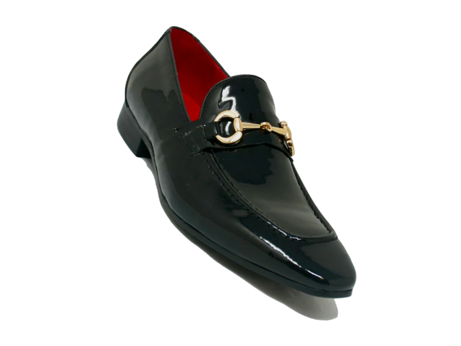 Carrucci black patent leather men's black shiny slip on dress Shoes Gold Buckle