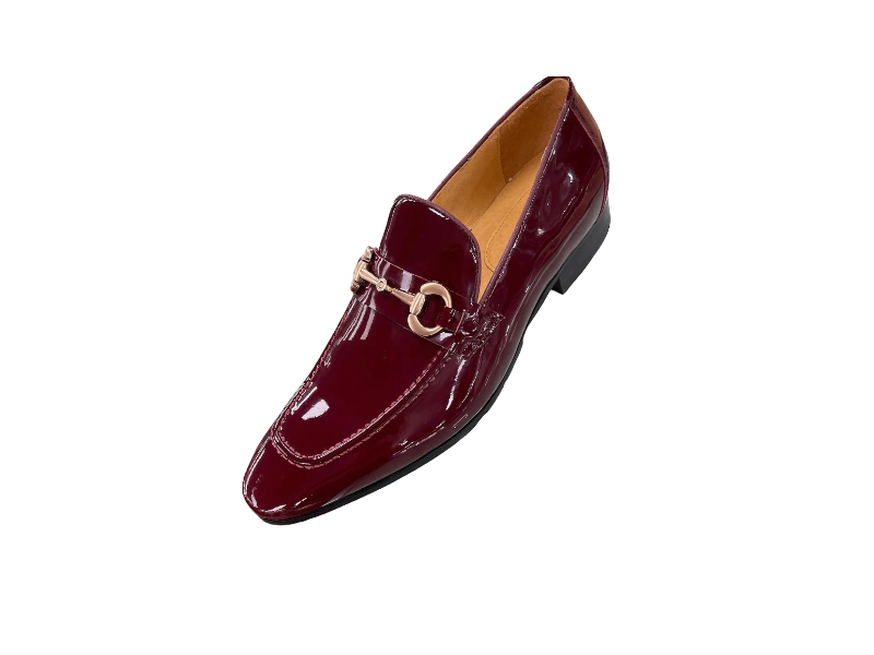 Carrucci Burgundy Shiny Patent Leather Men's Slip On Dress Shoes Gold Buckle