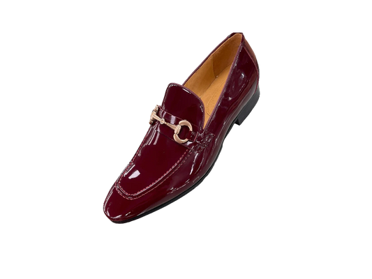 Carrucci Burgundy Shiny Patent Leather Men's Slip On Dress Shoes Gold Buckle