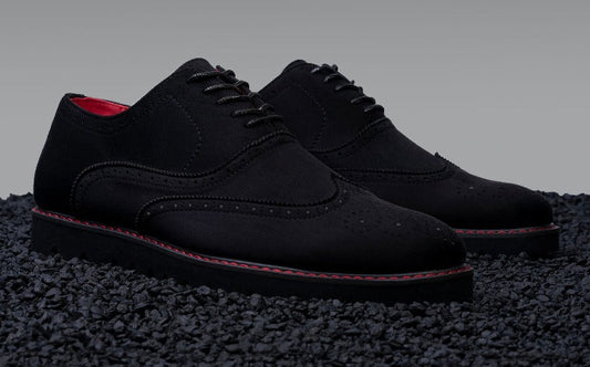 Men's Black suede wingtip men's casual shoes with red stitch made by tayno