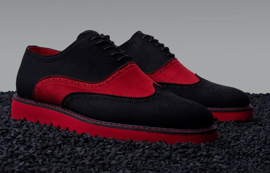 Men's red and black suede tow-tone wingtip casual shoes