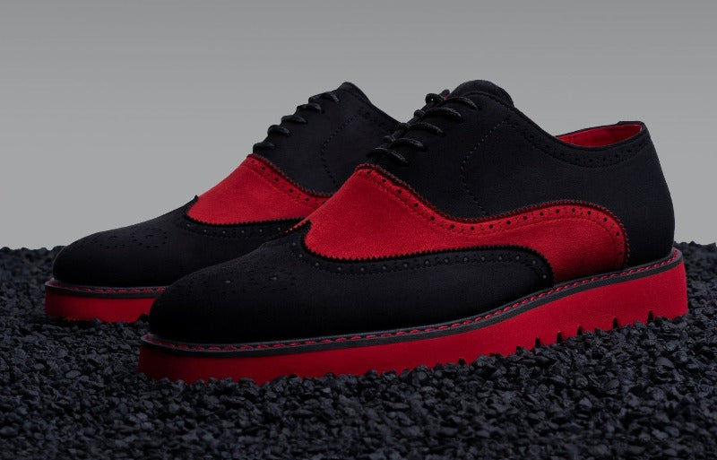 Men's red and black suede tow-tone wingtip casual shoes