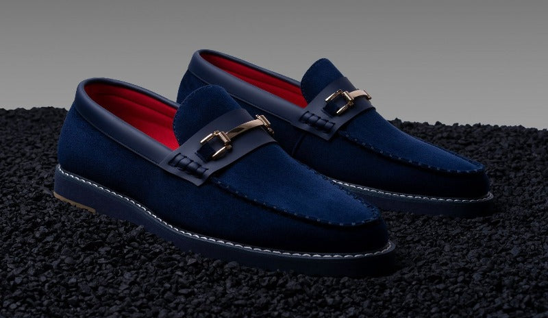 Men's suede navy blue slip on loafer casual shoe with gold buckle