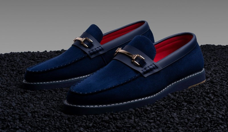 Men's suede navy blue slip on loafer casual shoe with gold buckle