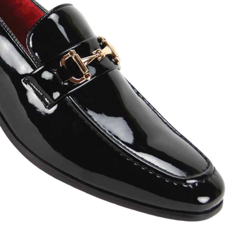 Globe footwear men's black patent leather dress shoes gold buckle