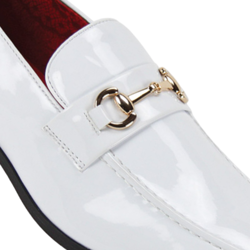 Globe footwear men's white patent leather dress shoes gold buckle