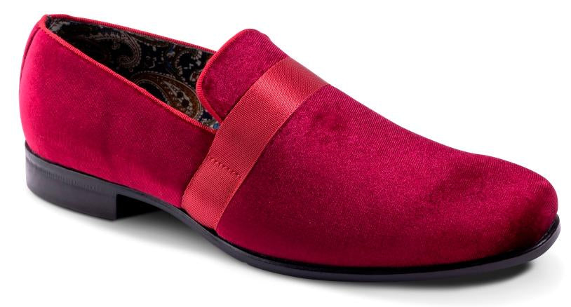 Montique Burgundy Velvet Men's Shoe Slip-on with a satin ribbon Loafer