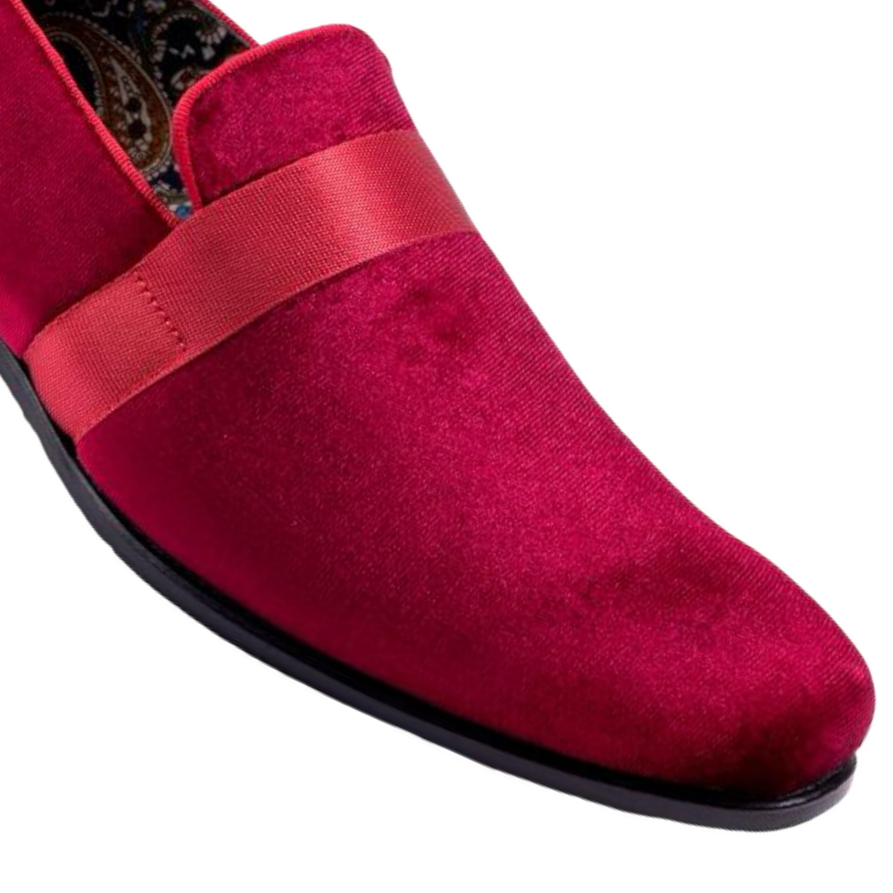 Montique Burgundy Velvet Men's Shoe Slip-on with a satin ribbon Loafer