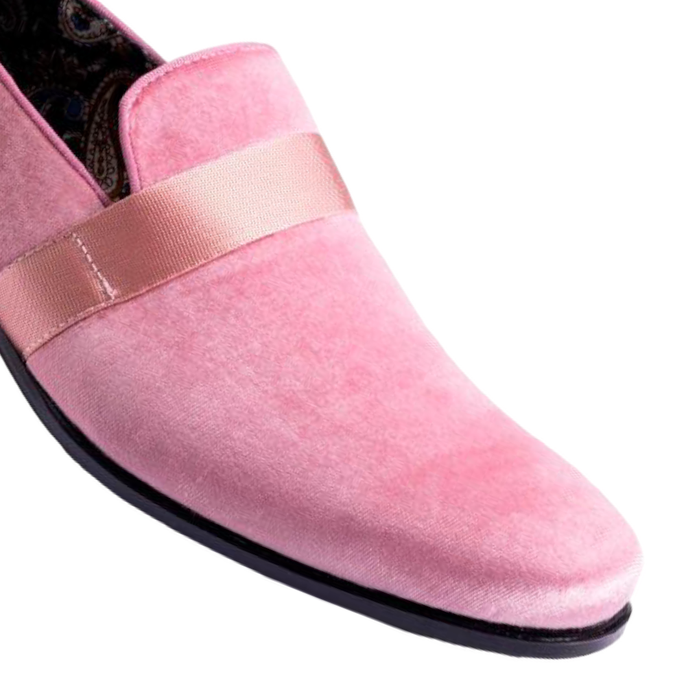 Montique Pink Velvet Men's Shoe Slip-on with a satin ribbon Loafer