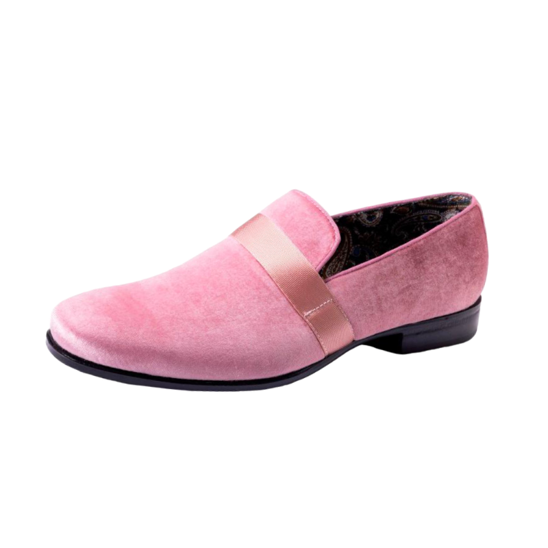 Montique Pink Velvet Men's Shoe Slip-on with a satin ribbon Loafer