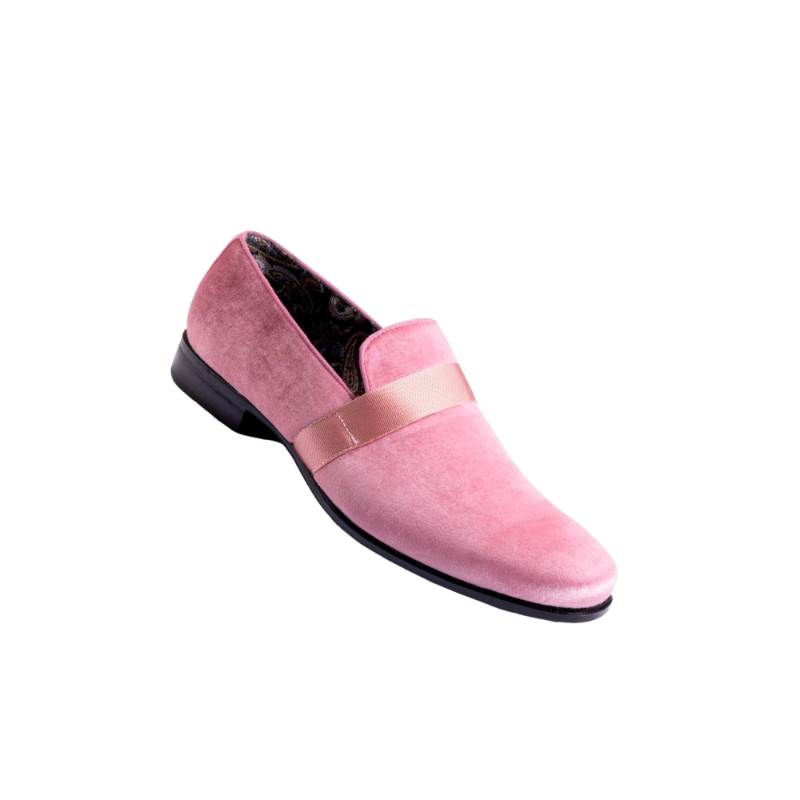 Montique Pink Velvet Men's Shoe Slip-on with a satin ribbon Loafer