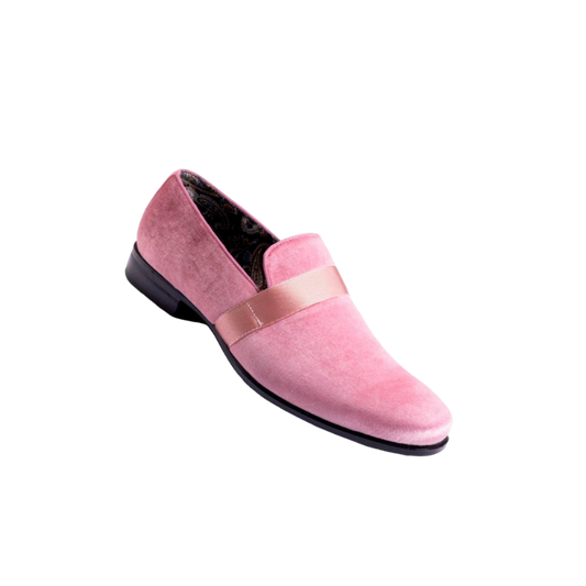 Montique Pink Velvet Men's Shoe Slip-on with a satin ribbon Loafer