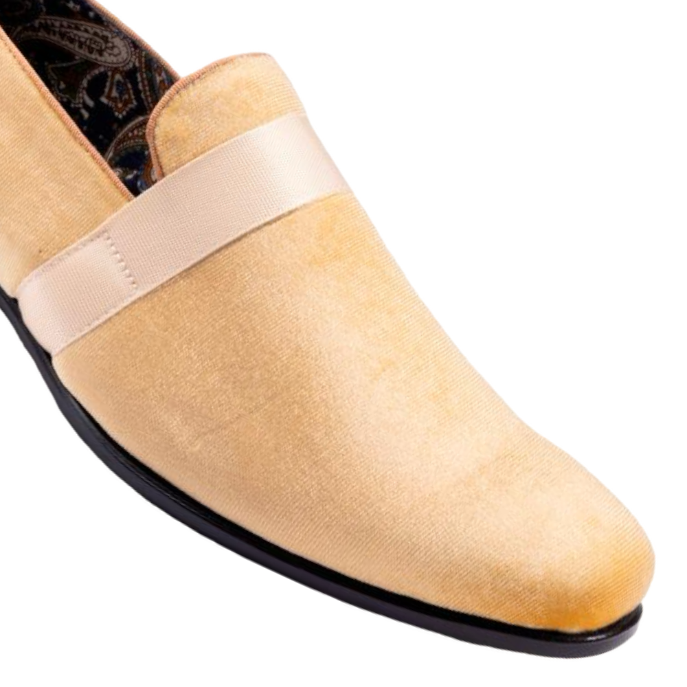 Montique Canary Yellow Velvet Men's Shoe Slip-on with a satin ribbon