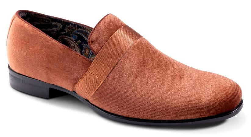 Montique Cognac Velvet Men's Shoe Slip-on with a satin ribbon Loafer