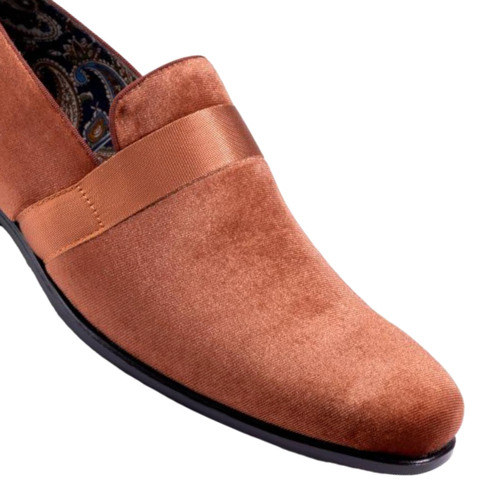Montique Cognac Velvet Men's Shoe Slip-on with a satin ribbon Loafer