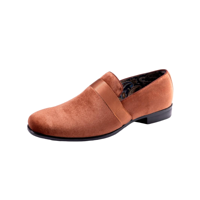 Montique Cognac Velvet Men's Shoe Slip-on with a satin ribbon Loafer