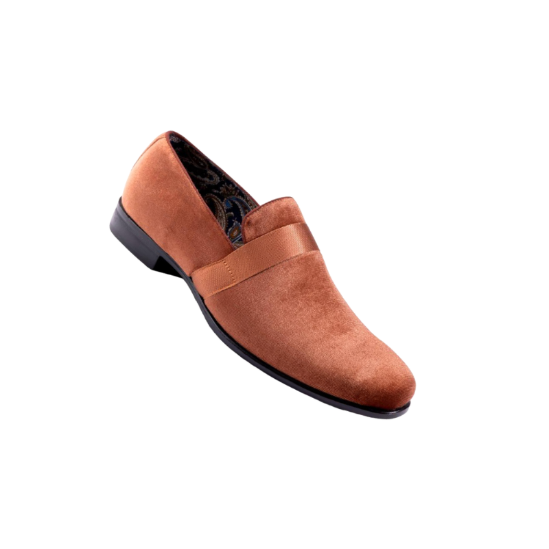 Montique Cognac Velvet Men's Shoe Slip-on with a satin ribbon Loafer