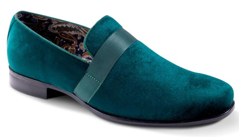 Montique Emerald Green Velvet Men's Shoe Slip-on with a satin ribbon Loafer