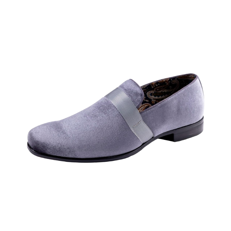 Montique Grey Velvet Men's Shoe Slip-on with a Satin Ribbon Tuxedo Loafers