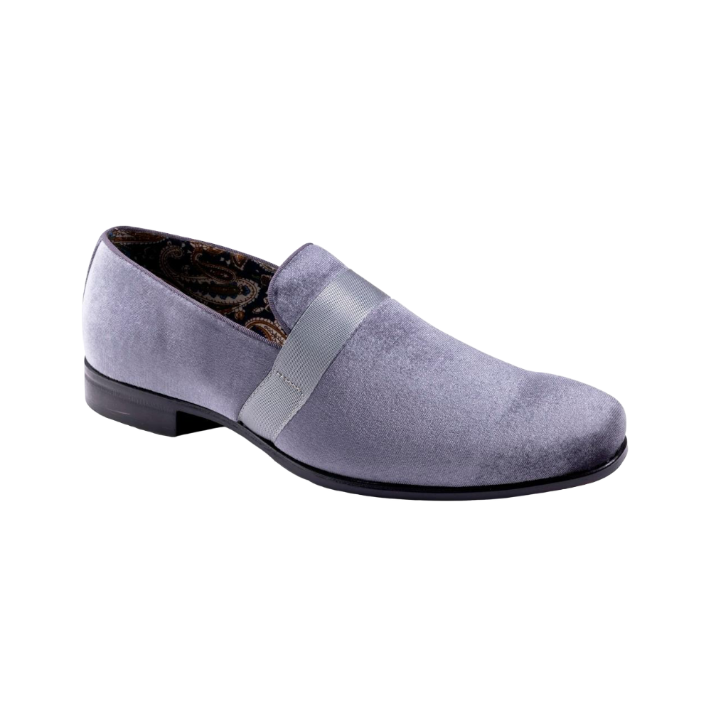 Montique Grey Velvet Men's Shoe Slip-on with a Satin Ribbon Tuxedo Loafers