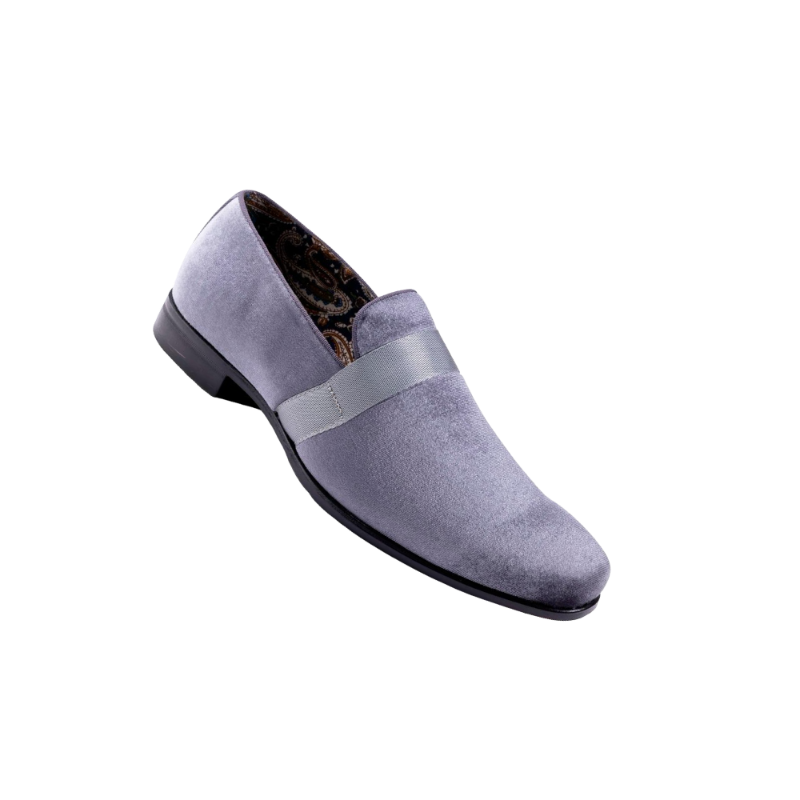 Montique Grey Velvet Men's Shoe Slip-on with a Satin Ribbon Tuxedo Loafers