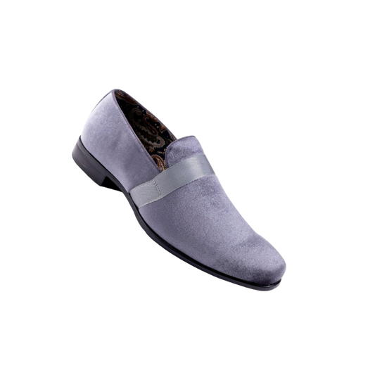 Montique Grey Velvet Men's Shoe Slip-on with a Satin Ribbon Tuxedo Loafers