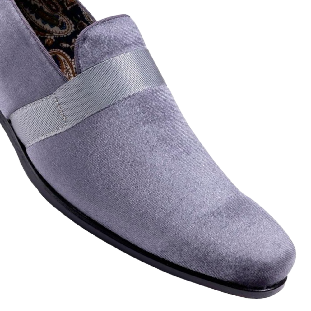 Montique Grey Velvet Men's Shoe Slip-on with a Satin Ribbon Tuxedo Loafers