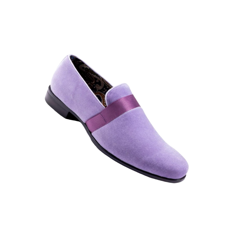 Montique Lavender Velvet Men's Shoe Slip-on with a Satin Ribbon Tuxedo Loafers