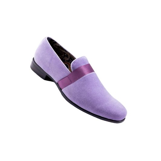 Montique Lavender Velvet Men's Shoe Slip-on with a Satin Ribbon Tuxedo Loafers