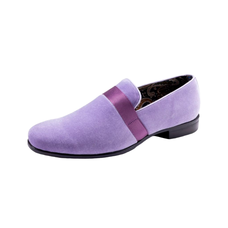 Montique Lavender Velvet Men's Shoe Slip-on with a Satin Ribbon Tuxedo Loafers