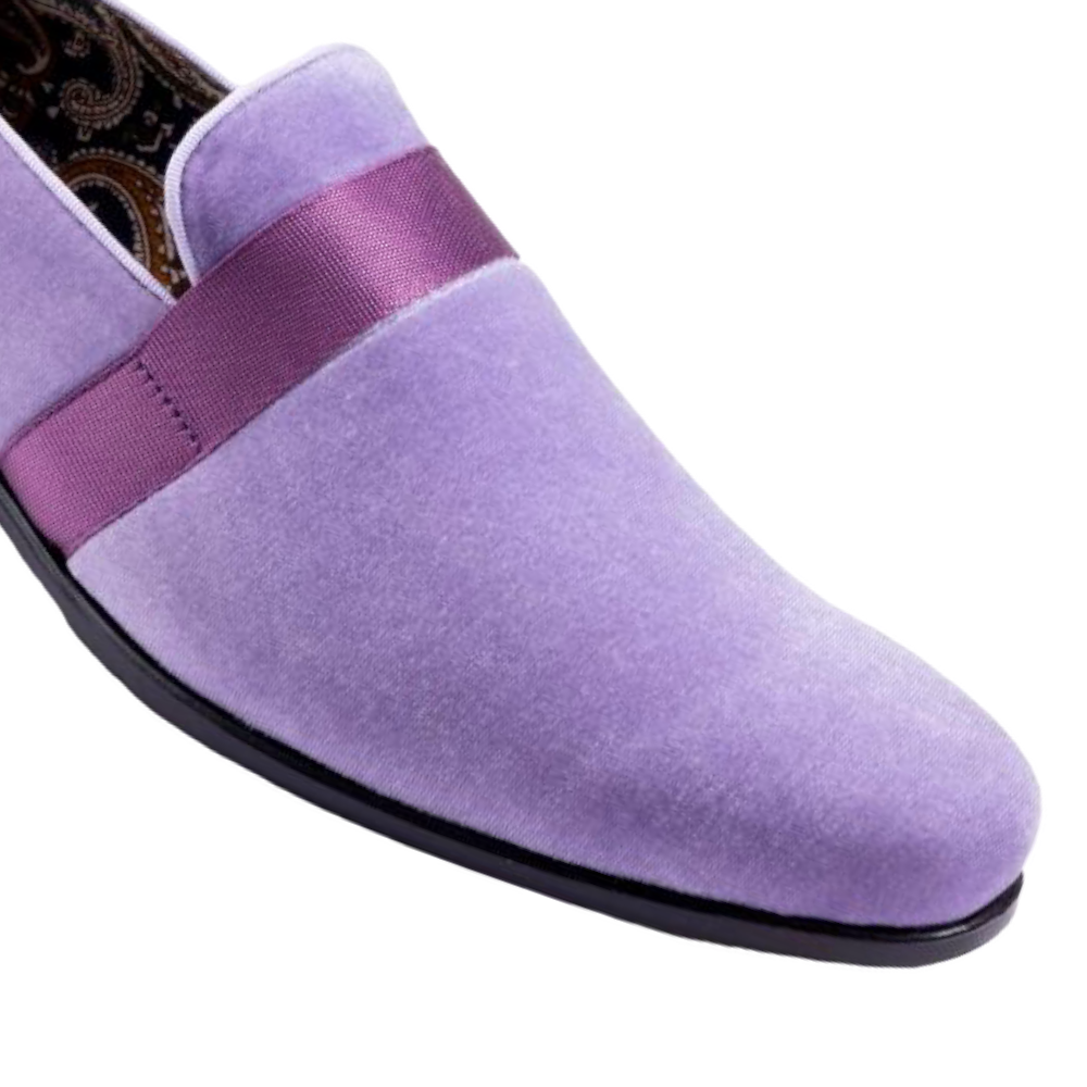 Montique Lavender Velvet Men's Shoe Slip-on with a Satin Ribbon Tuxedo Loafers