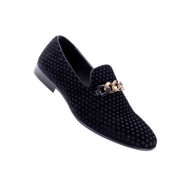 Montique Men's Black Velvet Material Slip-on Shoe Gold Chain Fashion Design Loafers