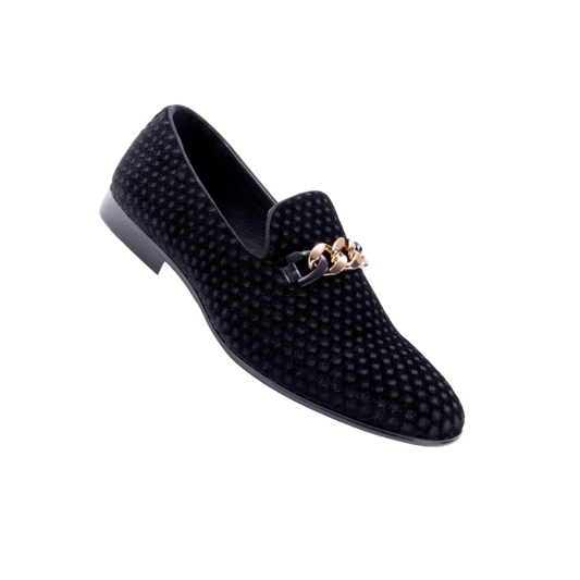 Montique Men's Black Velvet Material Slip-on Shoe Gold Chain Fashion Design Loafers