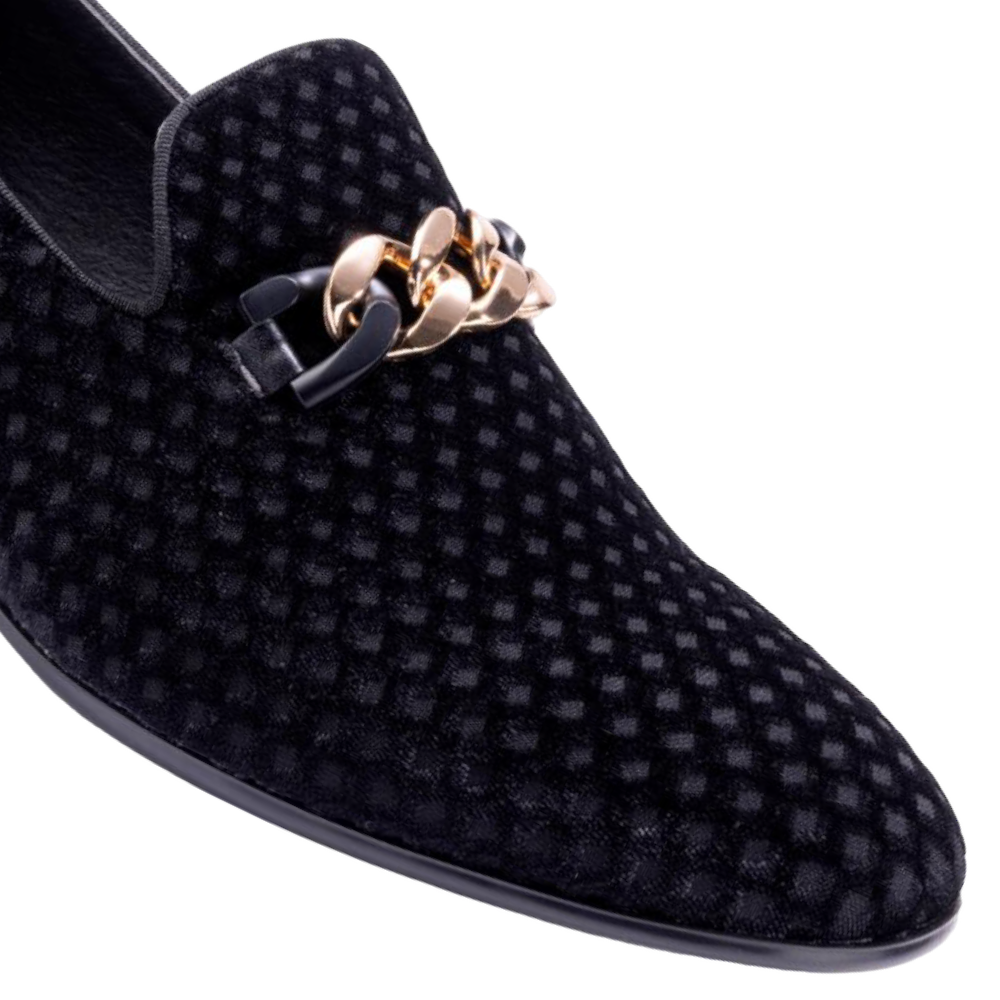 Montique Men's Black Velvet Material Slip-on Shoe Gold Chain Fashion Design Loafers