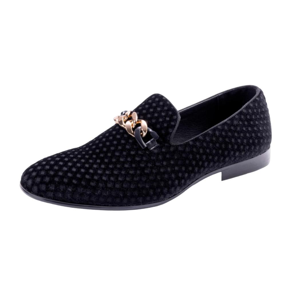 Montique Men's Black Velvet Material Slip-on Shoe Gold Chain Fashion Design Loafers