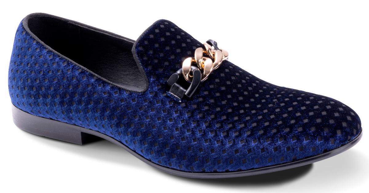 Montique Men's Blue Velvet Material Slip-on Shoe Gold Chain Luxury Loafer