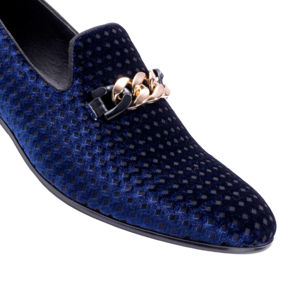 Montique Men's Blue Velvet Material Slip-on Shoe Gold Chain Luxury Loafer