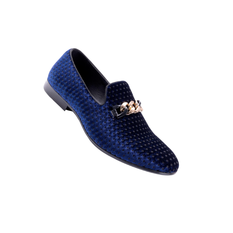 Montique Men's Blue Velvet Material Slip-on Shoe Gold Chain Luxury Loafer