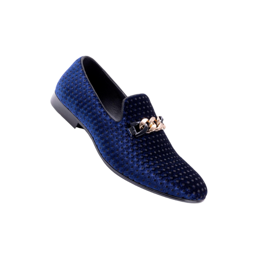 Montique Men's Blue Velvet Material Slip-on Shoe Gold Chain Luxury Loafer