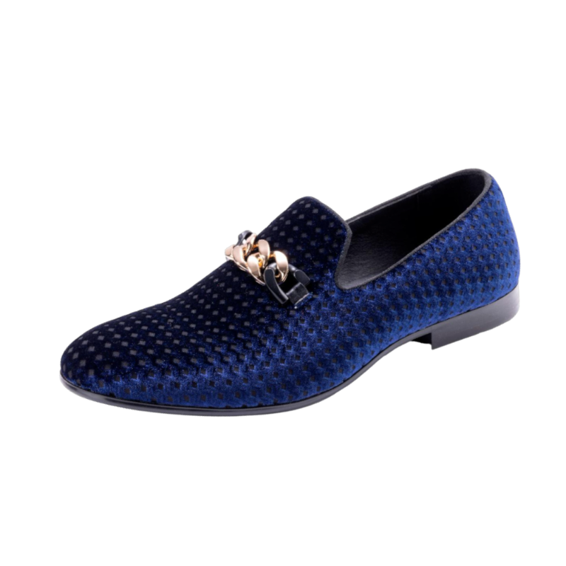 Montique Men's Blue Velvet Material Slip-on Shoe Gold Chain Luxury Loafer